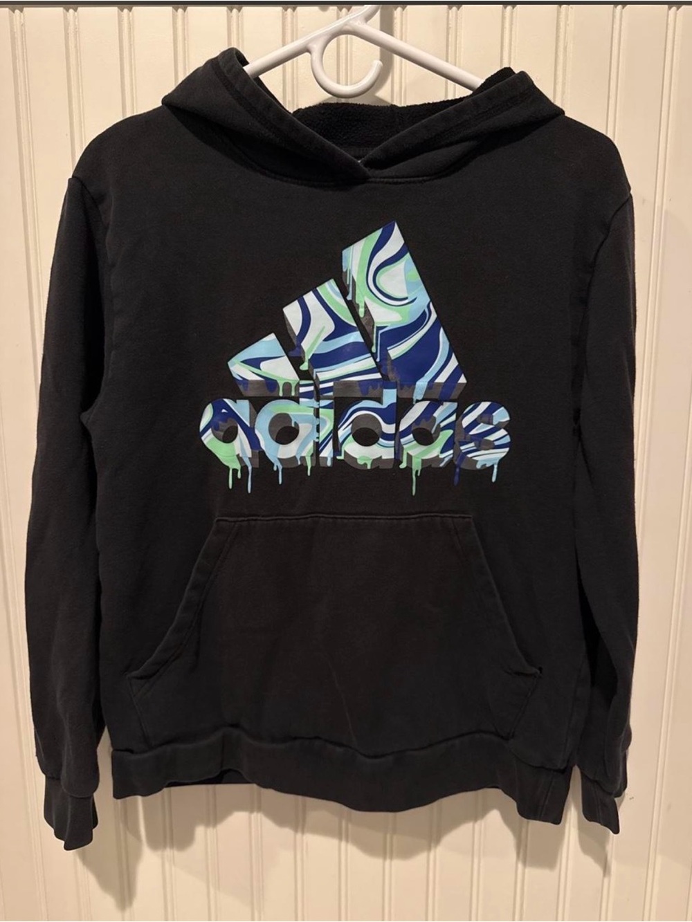 Adidas Black Crewneck Hoodie with Blue and Green Logo
